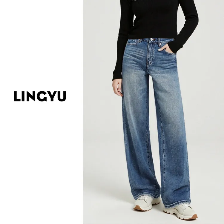 美式复古蓝松弛感阔腿牛仔裤女2025秋季纯棉无弹高腰显瘦宽松百搭