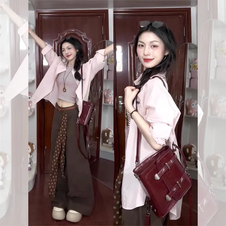 早秋穿搭一整套大码胖mm衬衫条纹背心阔腿裤韩系简约甜美风套装女