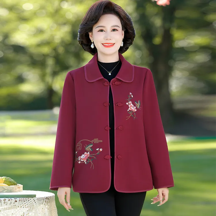 王小鸭中年妈妈毛呢2025秋季新款气质优雅新中式时尚绣花短外套女