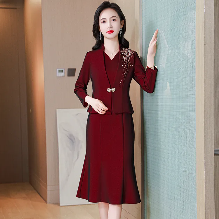 国庆喜婆婆婚宴装假两件礼服年轻结婚喜妈妈婚礼服高贵洋气鱼尾裙