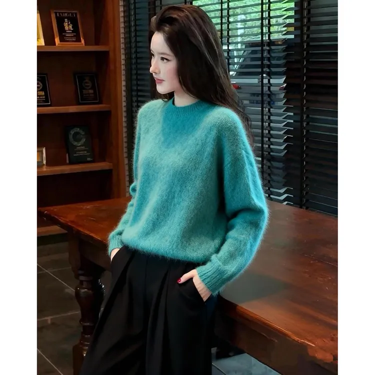 SS3610巨显白！冬季新款独特蓝绿色拉毛套头宽松大毛衣颜色超美