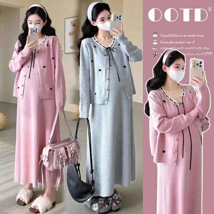 孕妇装秋冬季2025新款宽松甜美减龄套装穿搭针织开衫吊带裙两件套