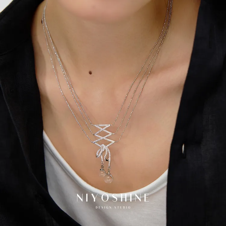 铜合金项链 芭蕾丝带蝴蝶结吊坠项链轻奢小众锁骨链时尚法式颈链