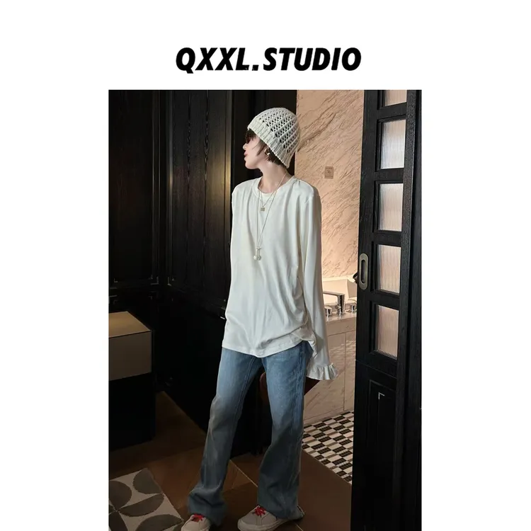邱小小丽呀 早秋纯色圆领喇叭袖T恤女百搭设计款修身打底衫上衣