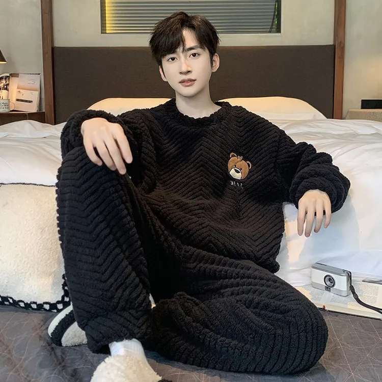 男士睡衣秋冬季珊瑚绒加厚加绒卡通大码青少年男款家居服套装冬款