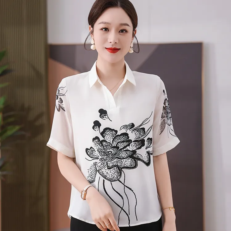 中老年女装春秋季时尚妈妈休闲上衣春季翻领大码中年印花时尚T恤