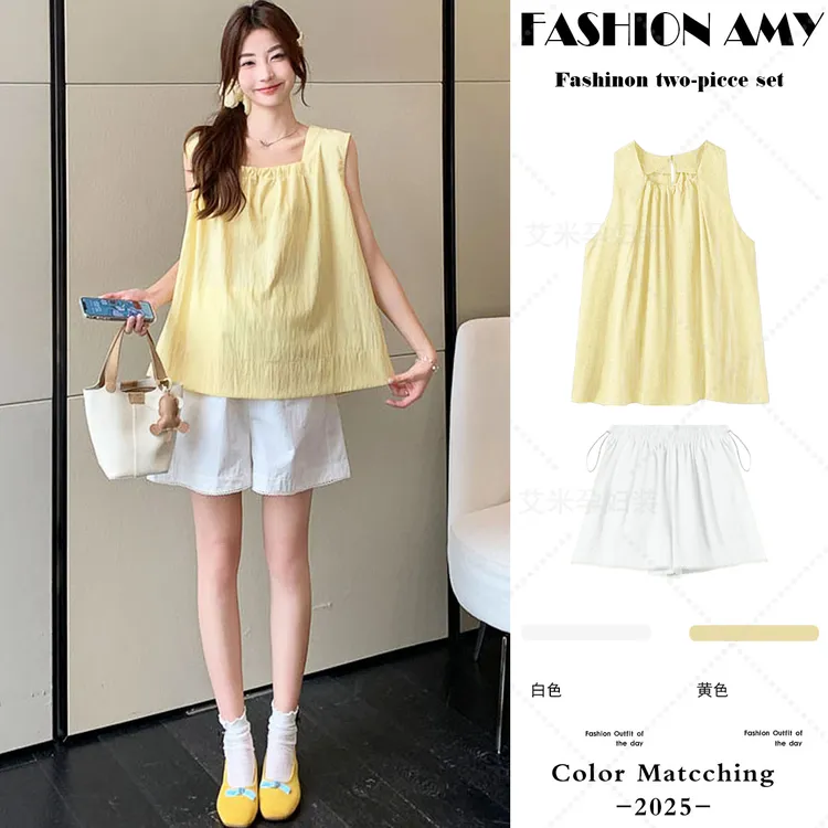 孕妇套装夏装新款时尚韩版洋气小个子无袖方领背心上衣休闲短裤子