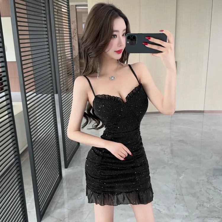 辣妹性感网纱拼接吊带内搭连衣裙女紧身包臀短裙夜场上班衣服