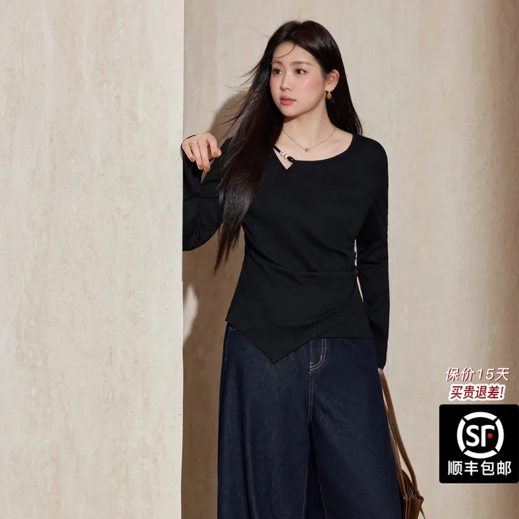 蓝语大码女装黑色长袖T恤2025秋冬不规则设计感褶皱收腰上衣18230