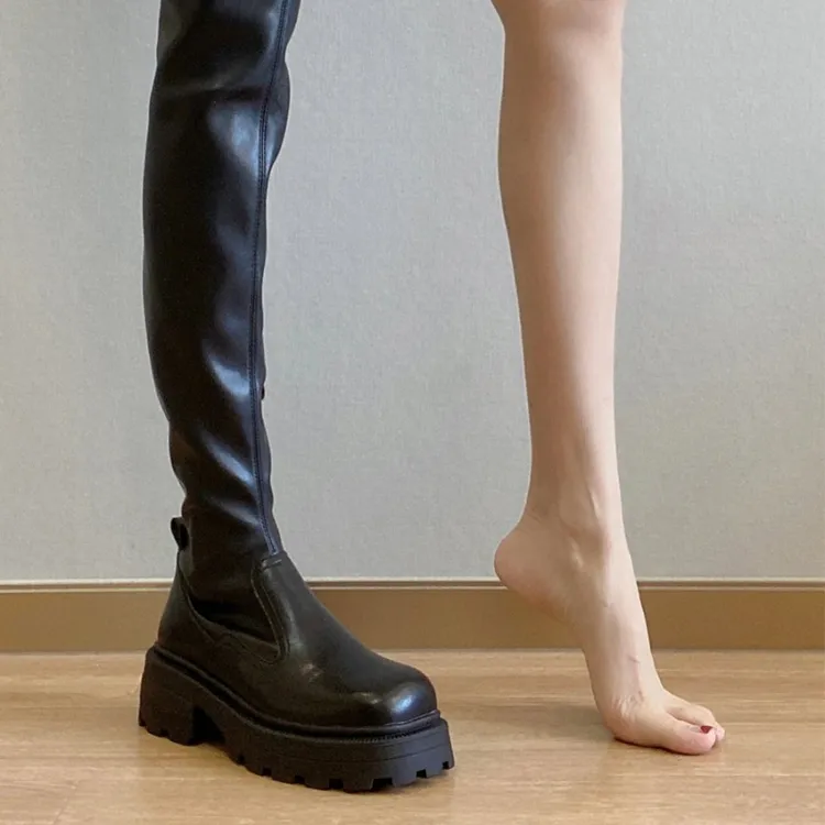巨显腿瘦！方糖过膝靴2025年新款超火方头厚底增高外穿小众长筒靴