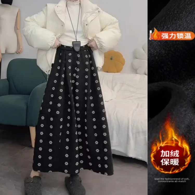 景倩妮韩系复古洋气小花休闲裤2025年冬季新款加绒显瘦九分阔腿裤