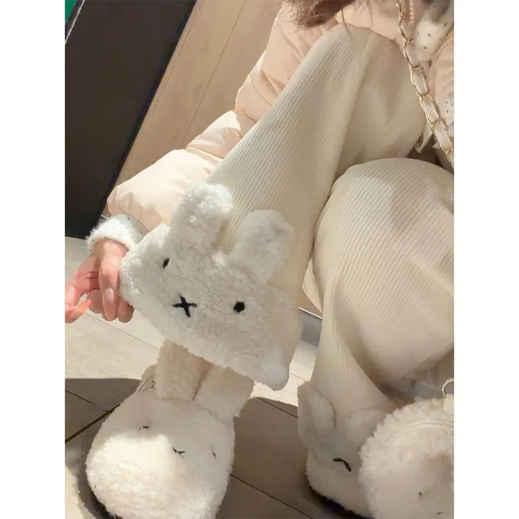 【帝韵】可爱米菲兔灯芯绒拼接羊羔毛女秋冬加绒宽松显瘦直筒长裤子