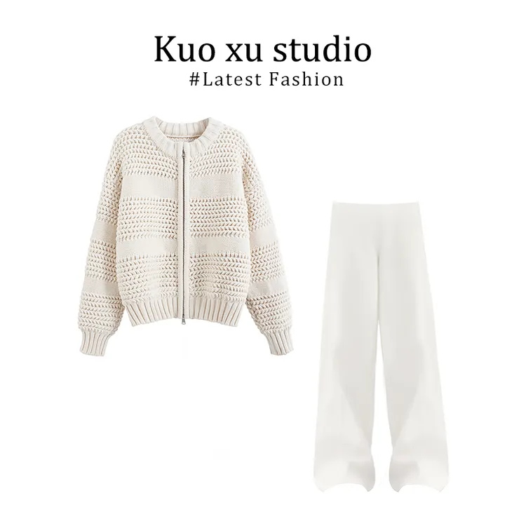 2025早秋设计感针织开衫百搭宽松显瘦长袖毛衣外套宽松高腰阔腿裤