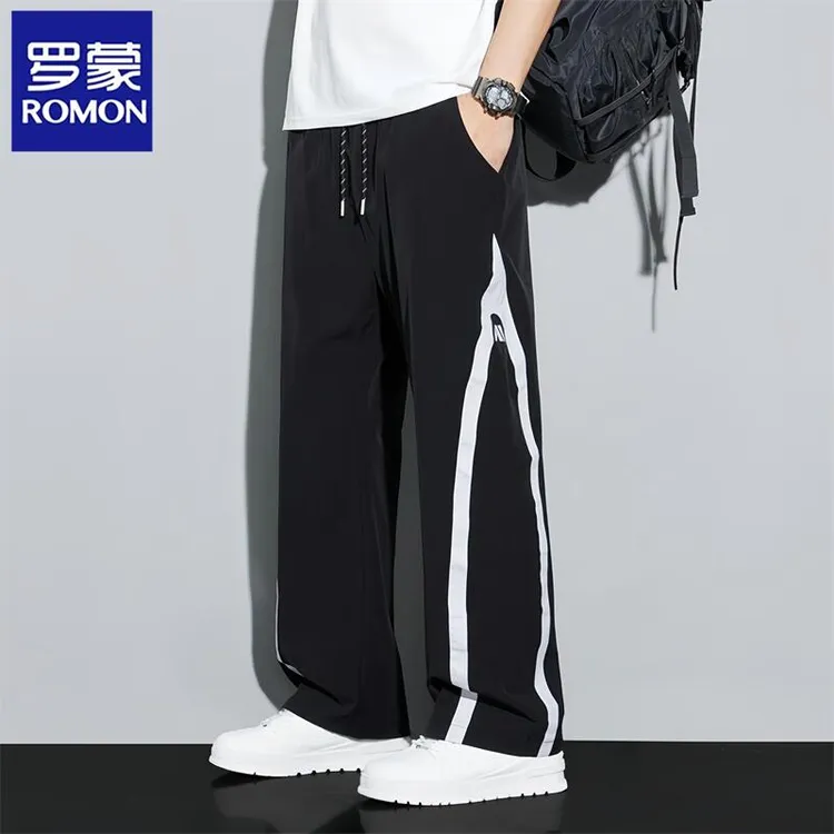 Romon/罗蒙潮流拼色长裤夏季新款宽松直筒休闲裤男士百搭长裤日系