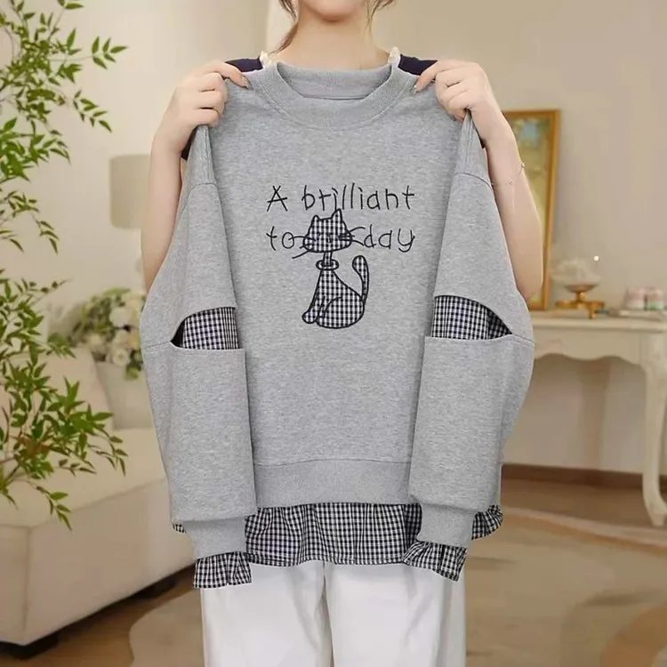 女童假两件卫衣春秋2025新款儿童格子上衣韩版女孩长袖打底衫洋气