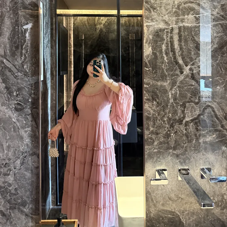 【花间舞】荷叶边斜肩高腰常规夏季长裙大码连衣裙长袖A字裙V领