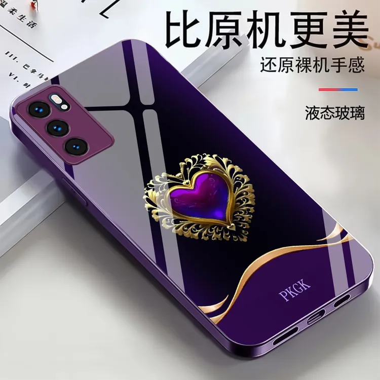适用【OPPO Reno6 5G】时尚爱心液态玻璃手机壳 轻奢潮流全包防摔