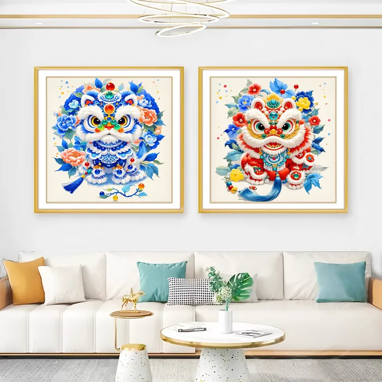 醒狮十字绣新中式高级感非满绣抱枕图简单手工刺绣