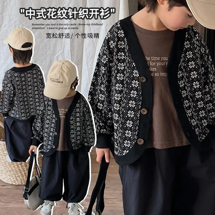 小众款~男童女童复古碎花针织开衫春装儿童森系毛衣外套潮童上衣