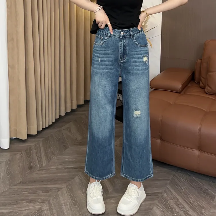 豆豆3 100棉 夏季时尚百搭9分直筒牛仔裤女-DK902