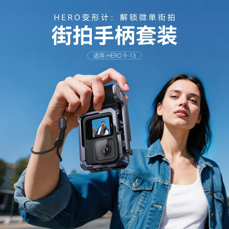 【适配gopro9-13】泰迅街拍手柄套装双冷靴快拆铝合金兔笼TELESIN