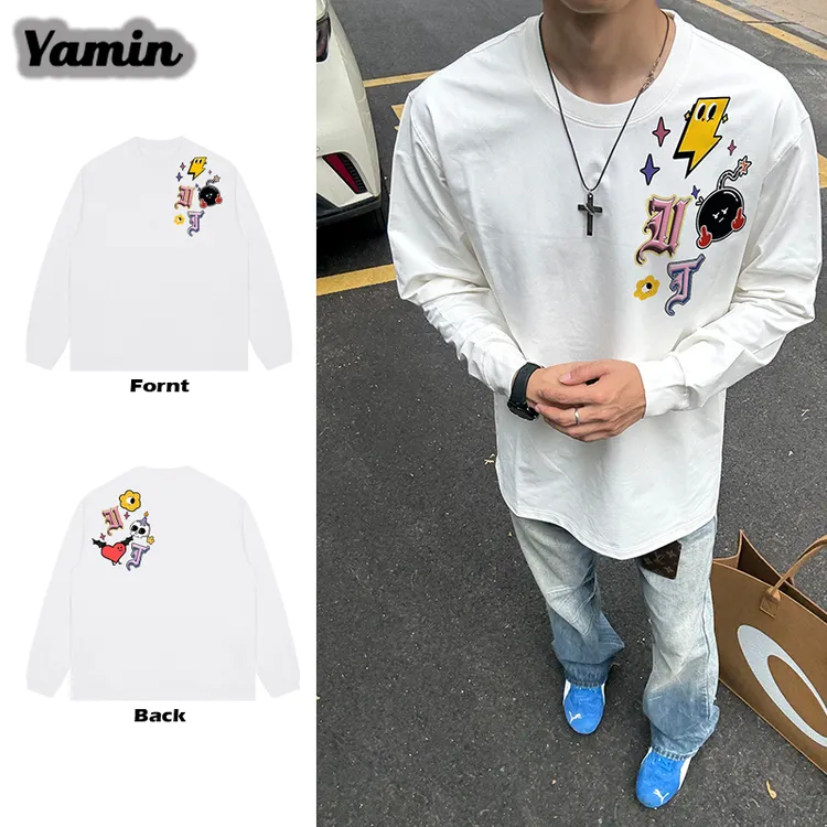 徽章炸档肩花小众美式复古印花潮牌美式宽松重磅长袖T恤男女同款