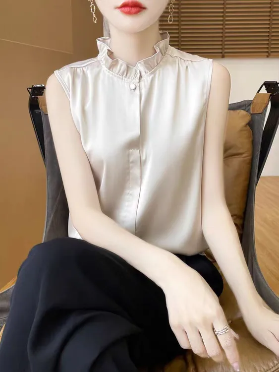 显瘦白色木耳上衣无袖标准内搭夏季打底衬衫背心洋气木耳边时尚