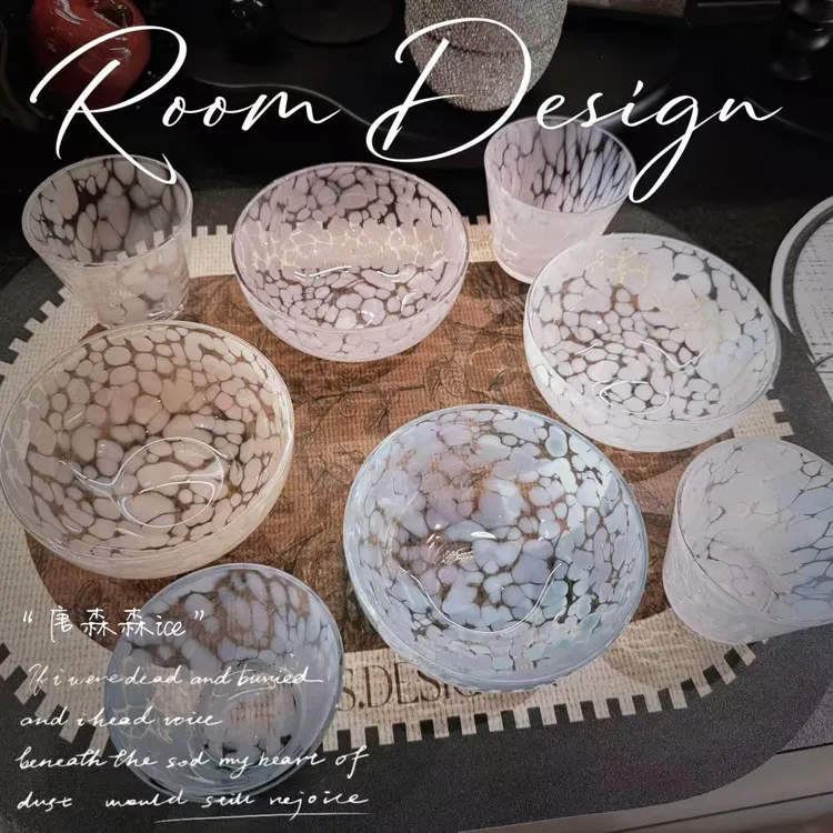 原创小众设计花料玻璃杯波点高颜值中古杯碗套装【颜色随机】