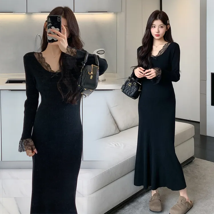 时髦孕妇装新款秋冬法式针织拼接蕾丝气质内搭长裙时尚显瘦连衣裙