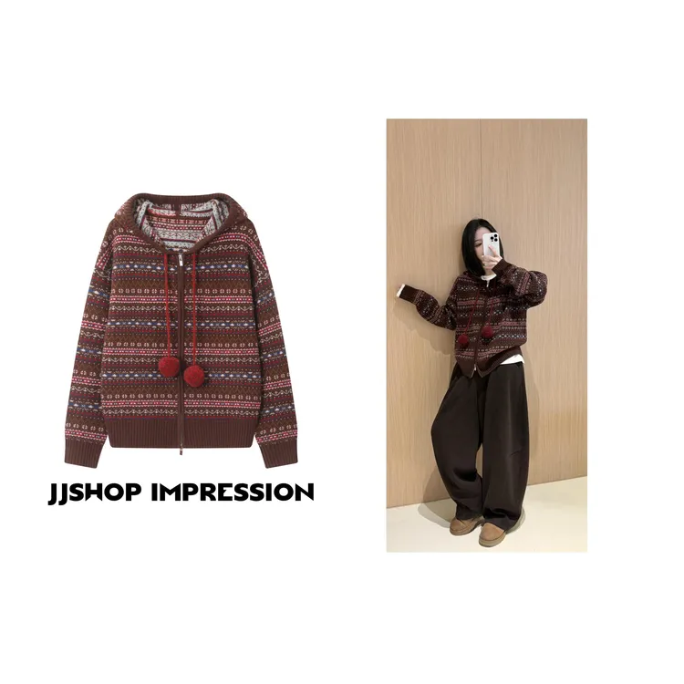 【红色费尔岛】JJSHOP IMPRESSION秋冬全羊毛复古针织开衫毛衣