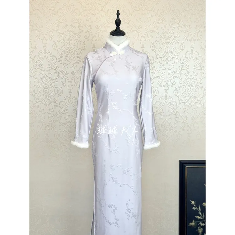 球球夫人丨晚风）122cm冬季加绒单层后拉链长袖紫色显瘦显白旗袍