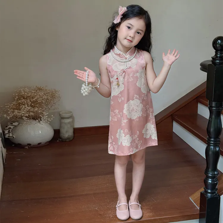 壹妈中国风童装女童旗袍裙夏装儿童新中式甜美女宝粉色印花连衣裙