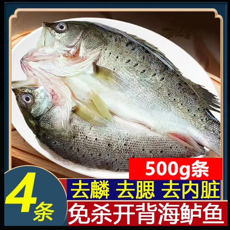 开背海鲈鱼4条500/600新鲜海鱼冷冻三去鲜嫩美味生鲜冷冻海鲜烤鱼