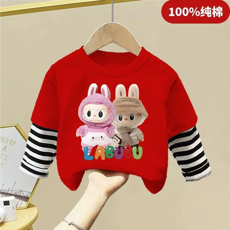 拉系列夏季2025新款纯棉长袖圆领t恤布卡通男童女童卡通假两件布