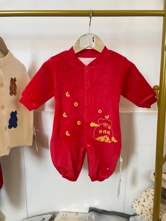 宝宝新年爬爬服双面绒连体春秋款薄绒连体衣红色加绒
