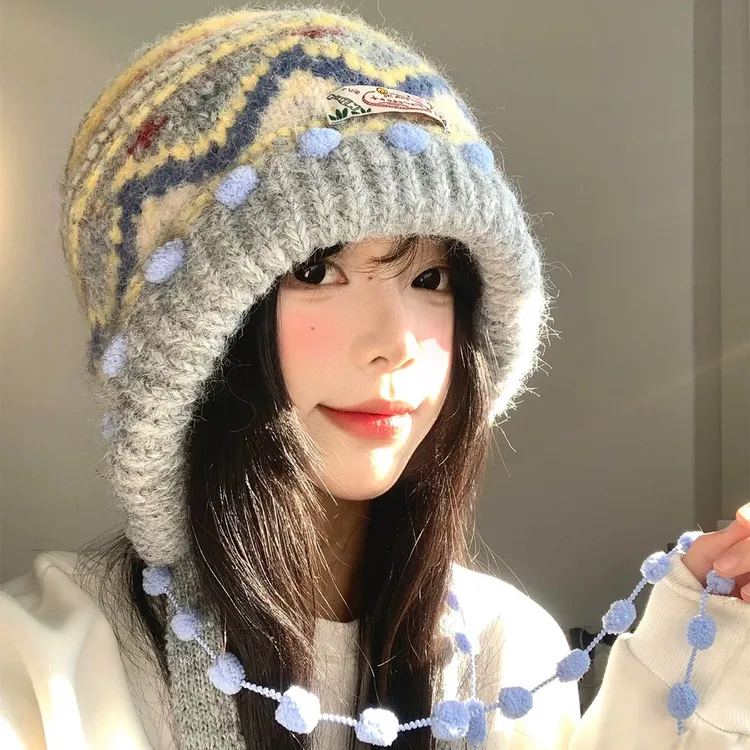 费尔岛复古针织巴拉克拉法帽女秋冬显脸小包头帽加厚保暖