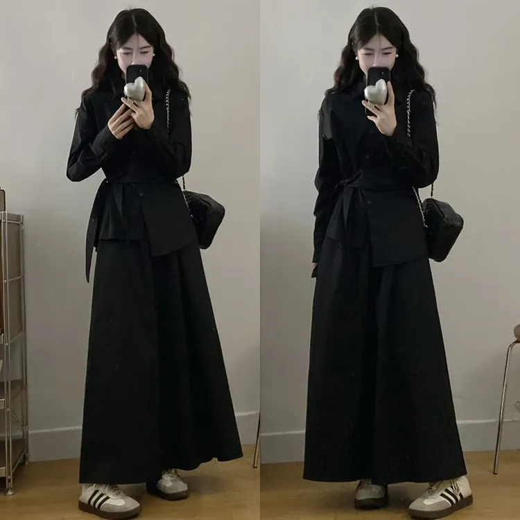 大码胖mm秋季新款女装韩版时尚减龄衬衣+高腰半身裙两件套套装女