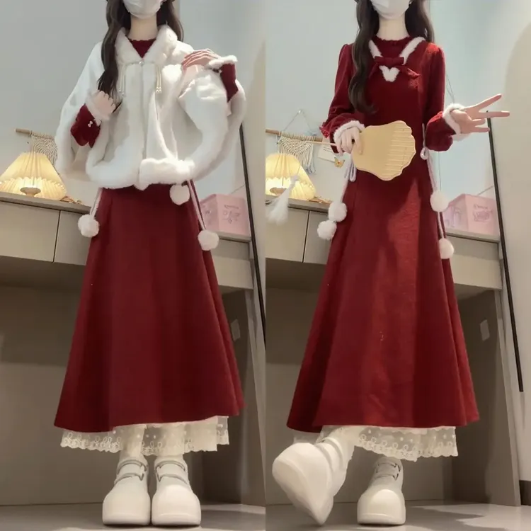 新年战袍巨好看冬装一整套温柔风斗篷外套红色连衣裙新中式套装裙