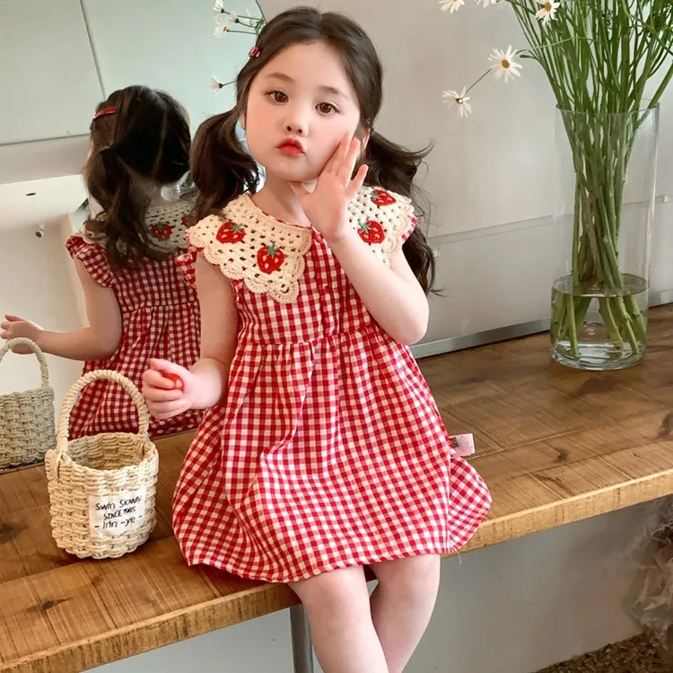 【星梦洛语】女童格子红色夏款连衣裙新款公主裙礼服夏季背心裙草莓