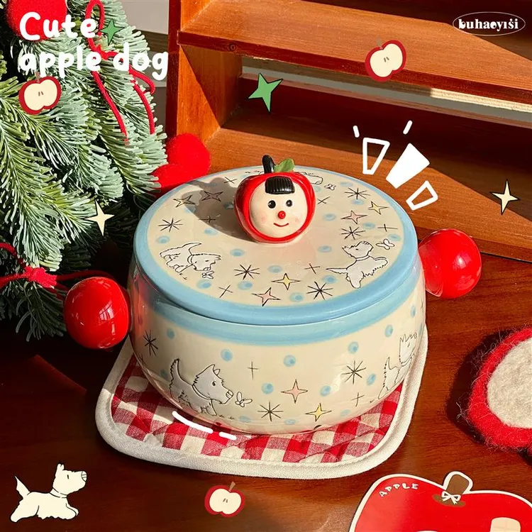 红苹果小狗泡面碗釉下彩带盖大容量可爱陶瓷面碗女学生宿舍吃饭碗