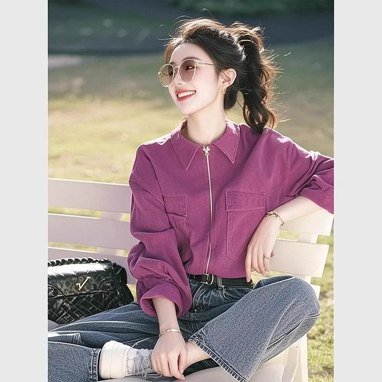树莓紫色衬衫女款春装2025年新款拉链衬衣超好看独特漂亮气质上衣