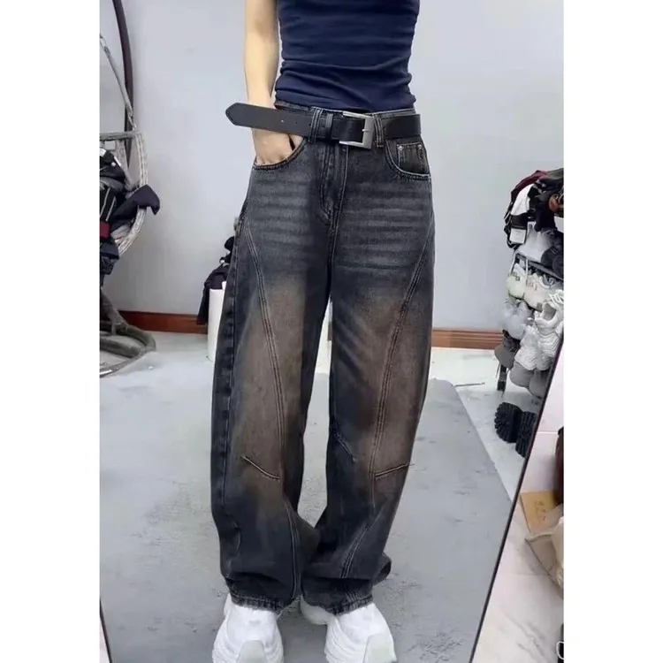 秋季美式复古水洗做旧时尚百搭宽松显瘦直筒阔腿牛仔裤大码女装高