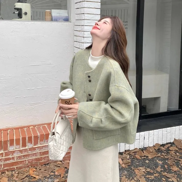 羊毛圆领小香风2025秋冬短款女拼接纯色韩版百搭双面毛呢外套