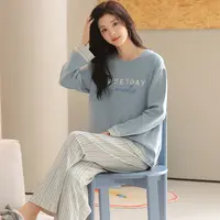 卡之恋秋蓝色条纹长袖40支紧赛精梳双面纯棉家居服【加厚全棉240g】