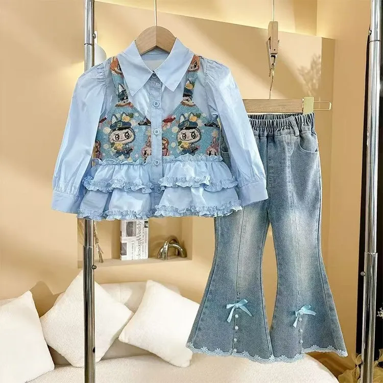 女童拉布布牛仔套装春秋款2025新款儿童秋装女孩衬衫喇叭裤两件套