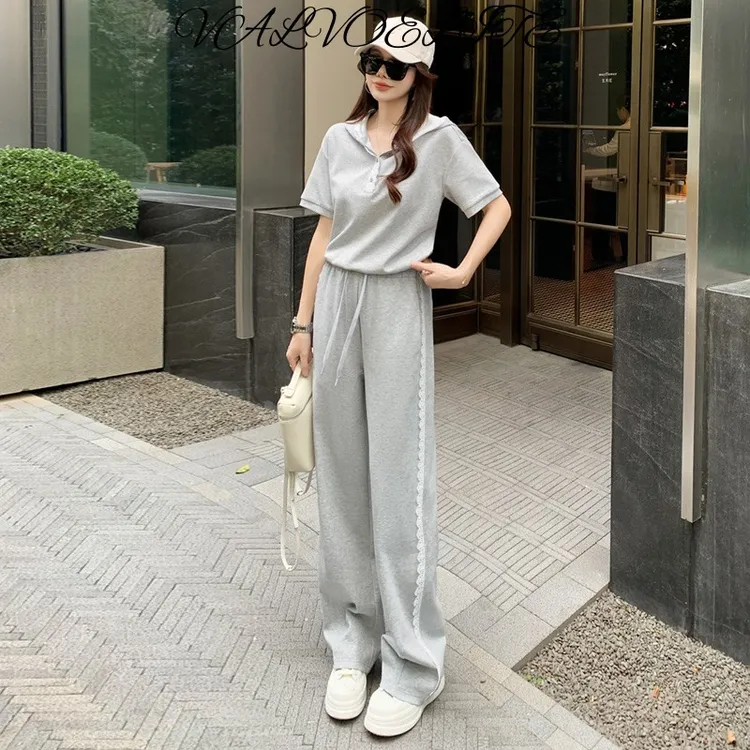 韩版休闲运动套装女夏季显瘦宽松松弛感灰色连帽短袖阔腿裤两件套