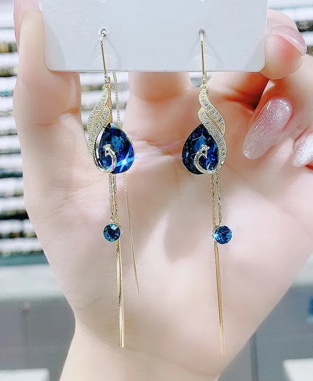 铜合金合成锆石耳饰 35韩版时尚爆款显瘦长款凤凰防丢耳线耳环