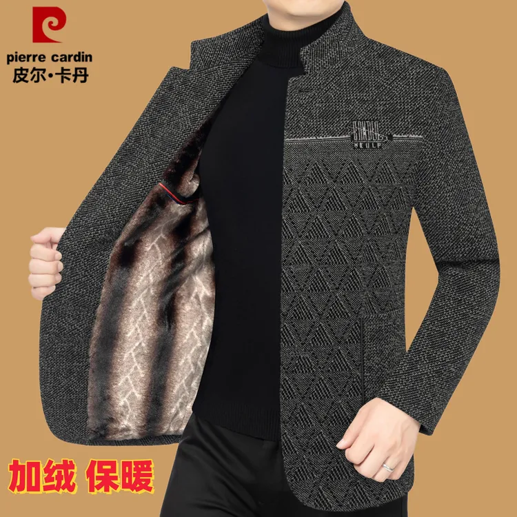 皮尔卡丹【专柜正品】冬季新款中年立领加绒加厚毛呢子夹克外套男士