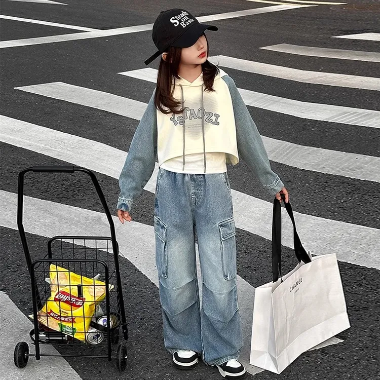 女童春装套装2025新款女大童春秋洋气牛仔拼接卫衣儿童阔腿工装裤