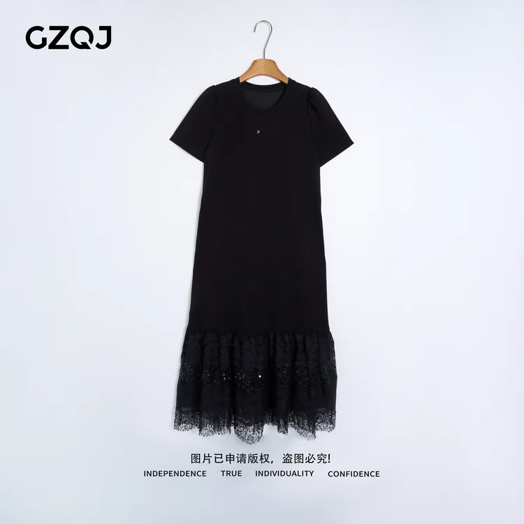 老琴私服 【墨影简雅】欧若风法式圆领蕾丝拼接短袖连衣裙女 9972